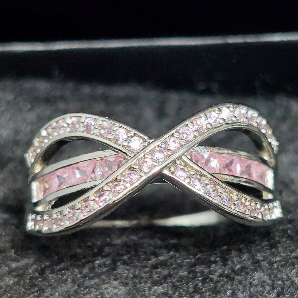 Inifinty Ribbon Bridge Round & Square Pink Lab CZs Silver Plated Size 8